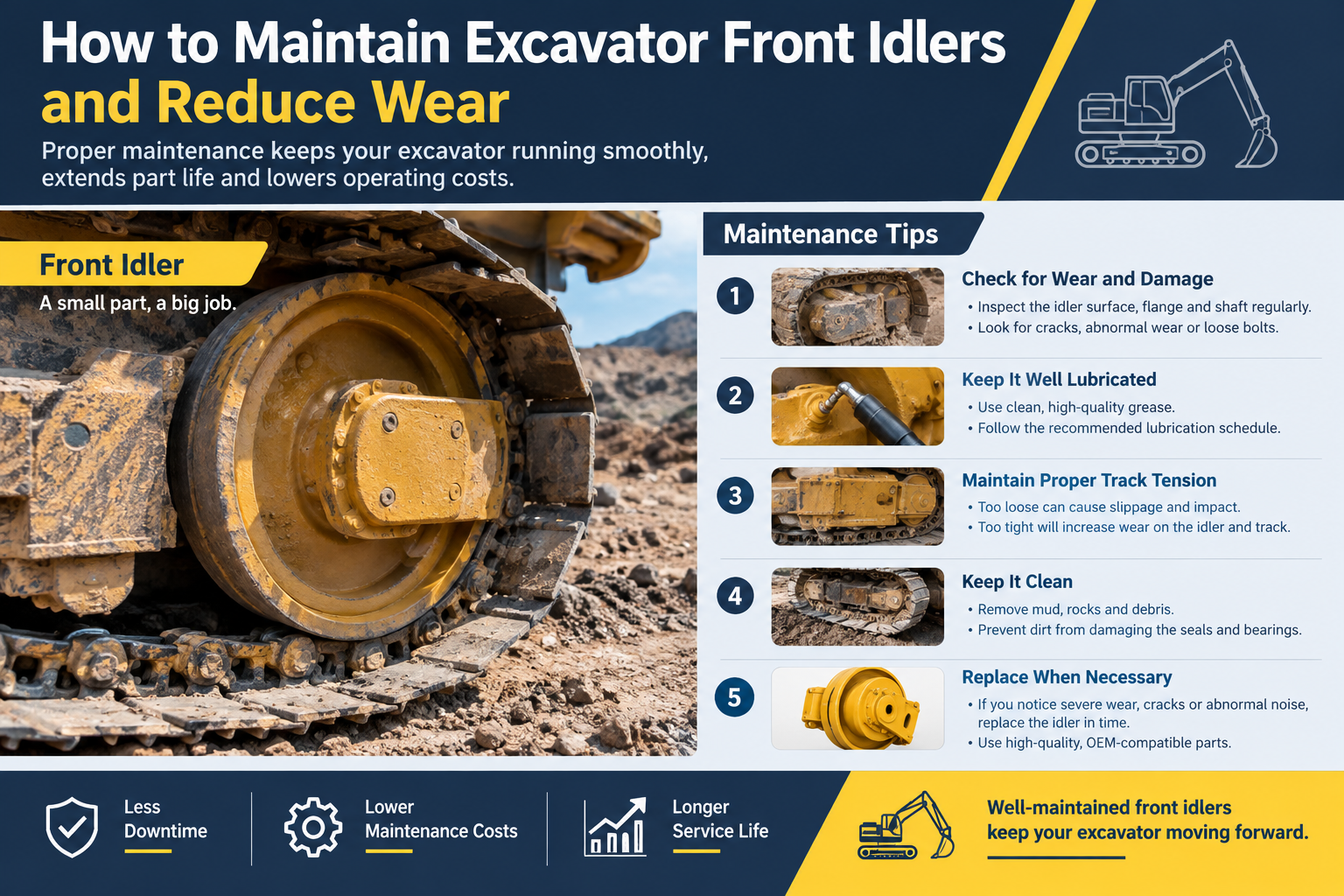 How to Maintain Excavator Front Idlers and Reduce Wear?